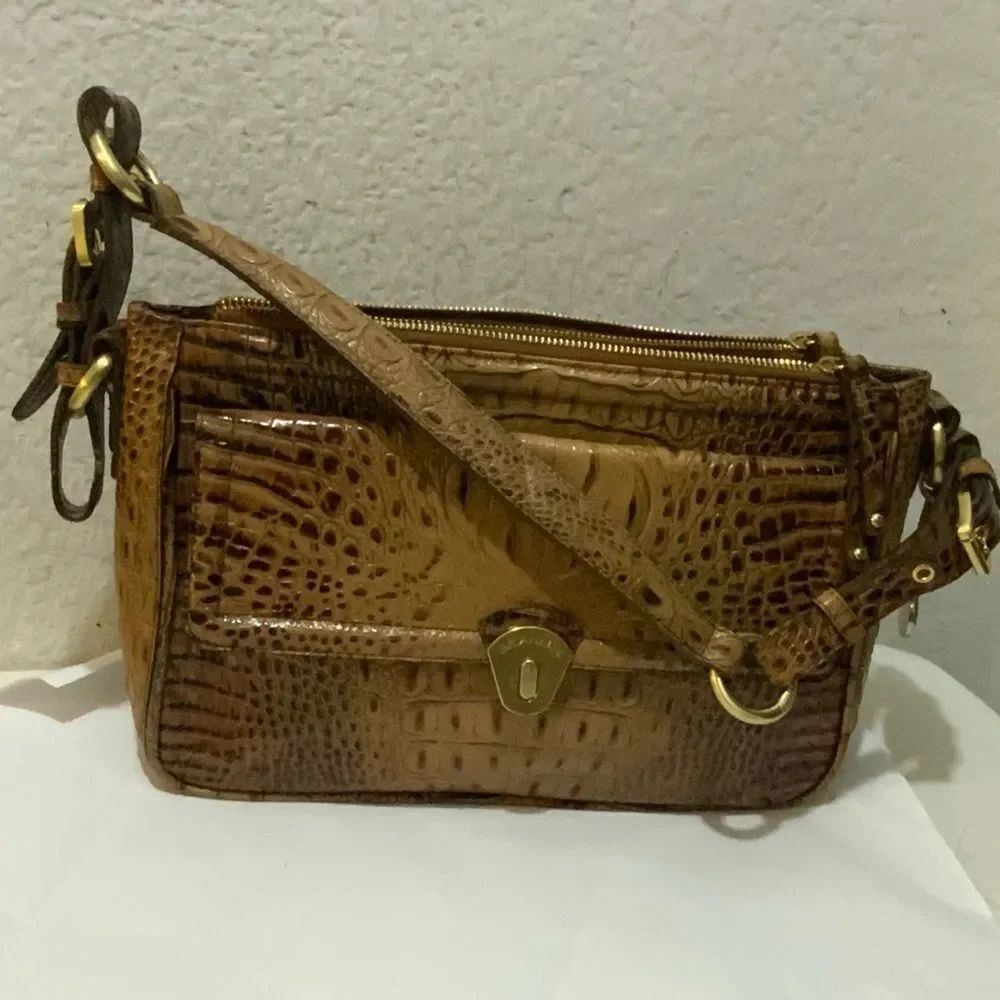 Brahmin Bag Pecan Brown Tan Croc Gold Accent Gator Croc Handbag Designer Luxury